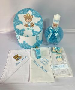 Set botez baiat blue - tematica ursulet rege- trusou, lumanare, cufar